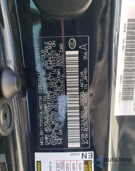 2011 Lexus Is 250 from USA, damaged, VIN JTHFF2C24B2520516